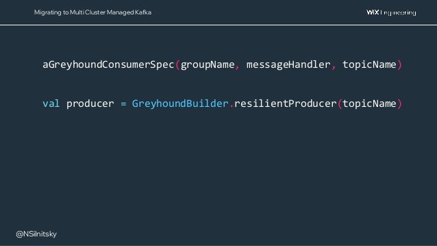 @NSilnitsky
aGreyhoundConsumerSpec(groupName, messageHandler, topicName)
val producer = GreyhoundBuilder.resilientProducer(topicName)
Migrating to Multi Cluster Managed Kafka
 