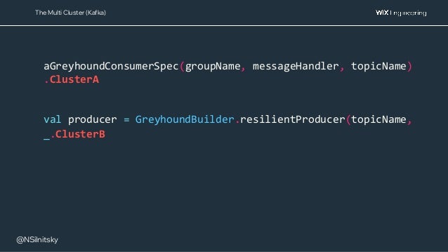 @NSilnitsky
aGreyhoundConsumerSpec(groupName, messageHandler, topicName)
.ClusterA
val producer = GreyhoundBuilder.resilientProducer(topicName,
_.ClusterB
The Multi Cluster (Kafka)
 