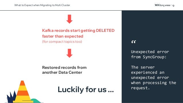 @NSilnitsky
What to Expect when Migrating to Multi Cluster
Restored records from
another Data Center
Kafka records start getting DELETED
faster than expected
(for compact topics too)
Luckily for us ...
“
Unexpected error
from SyncGroup:
The server
experienced an
unexpected error
when processing the
request.
 