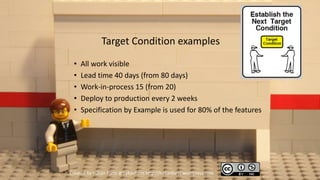 Target Condition examples
 •   All work visible
 •   Lead time 40 days (from 80 days)
 •   Work-in-process 15 (from 20)
 •   Deploy to production every 2 weeks
 •   Specification by Example is used for 80% of the features




Created by Håkan Forss @hakanforss http://hakanforss.wordpress.com
 