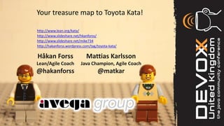 Your treasure map to Toyota Kata!

http://www.lean.org/kata/
                           Your
http://www.slideshare.net/hkanforss/
http://www.slideshare.net/mike734
                        Title here
http://hakanforss.wordpress.com/tag/toyota-kata/

Håkan Forss                  Mattias Karlsson
Lean/Agile Coach          Java Champion,
                        Your Logo Here         Agile Coach
@hakanforss                           @matkar
                        Speaker Name
                           Your title
                         Company Name
                           @twitter
 