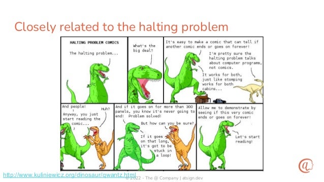 © 2022 - The @ Company | atsign.dev
Closely related to the halting problem
http://www.kuliniewicz.org/dinosaur/qwantz.html
 