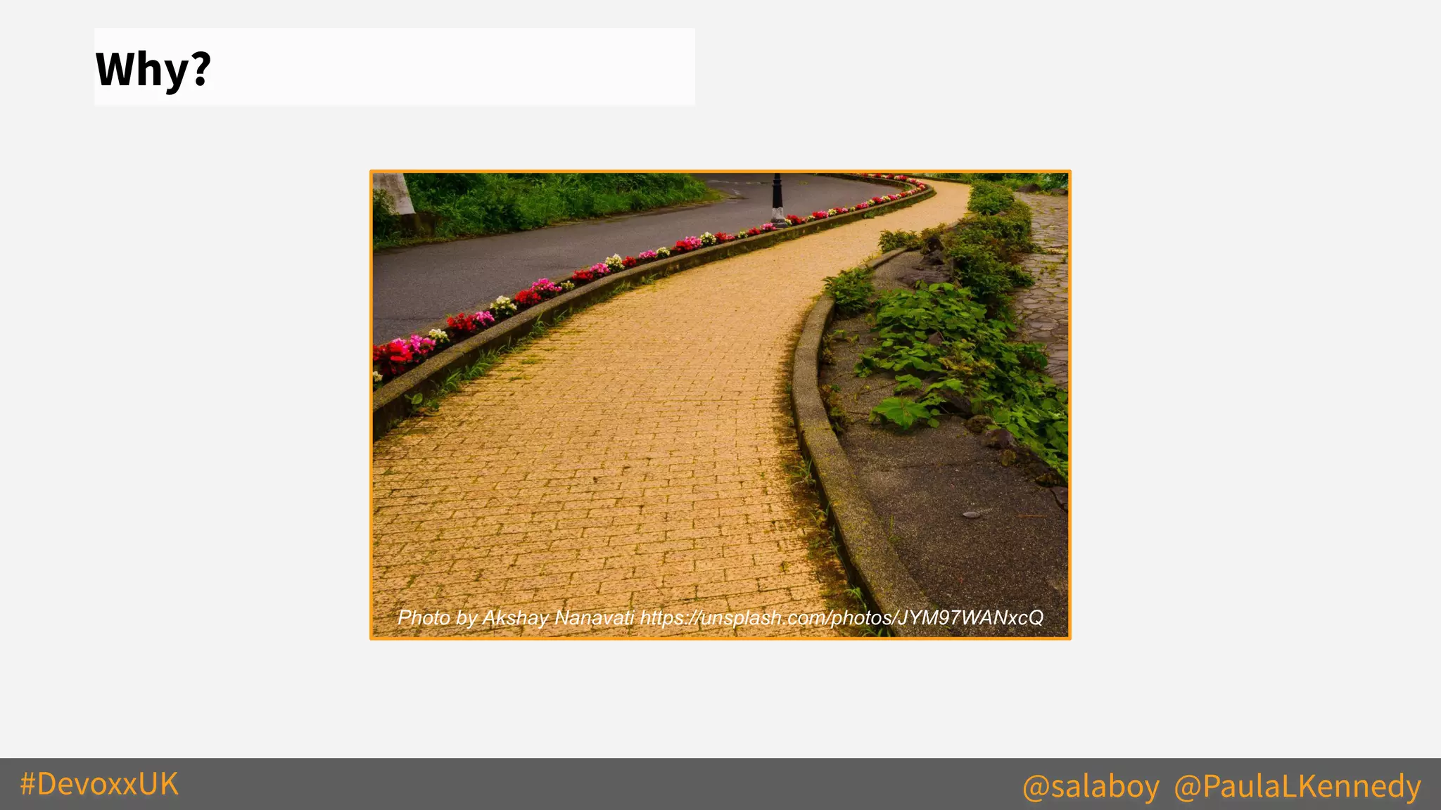 #DevoxxUK @salaboy @PaulaLKennedy
Why?
Photo by Akshay Nanavati https://unsplash.com/photos/JYM97WANxcQ
 