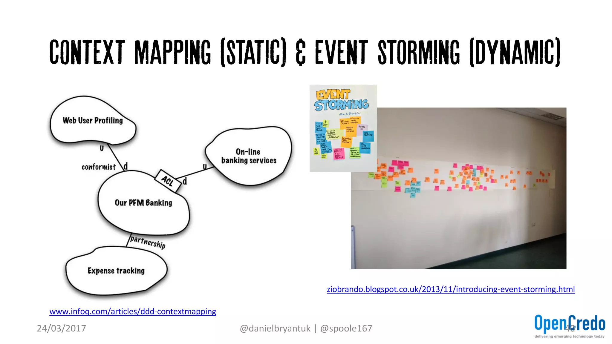 Context mapping (static) & event storming (dynamic)
24/03/2017 @danielbryantuk	|	@spoole167 40
www.infoq.com/articles/ddd-contextmapping
ziobrando.blogspot.co.uk/2013/11/introducing-event-storming.html
 