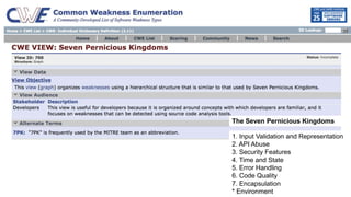 1. Input Validation and Representation
2. API Abuse
3. Security Features
4. Time and State
5. Error Handling
6. Code Quality
7. Encapsulation
* Environment
The Seven Pernicious Kingdoms
 