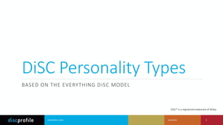 DiSC Personality Types
BASED ON THE EVERYTHING DiSC MODEL
10/4/2015DISCPROFILE.COM 1
DiSC® is a registered trademark of Wiley..
 
