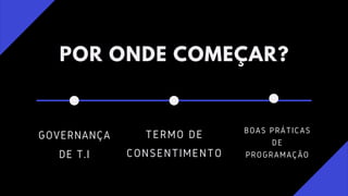POR ONDE COMEÇAR?
TERMO DE
CONSENTIMENTO
BOAS PRÁTICAS
DE
PROGRAMAÇÃO
GOVERNANÇA
DE T.I
 