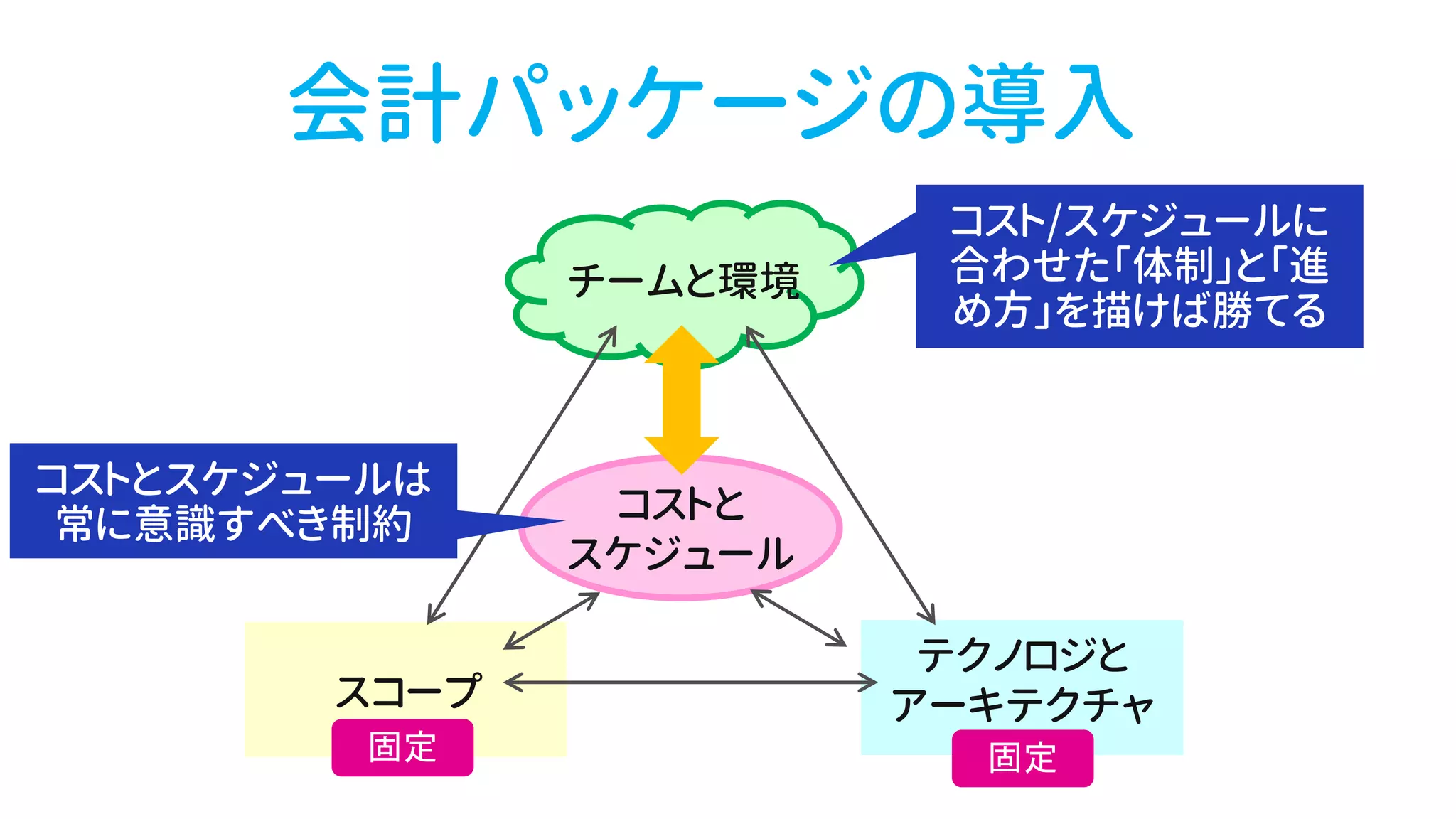 チームと環境
スコープ
テクノロジと
アーキテクチャ
コストと
スケジュール
会計パッケージの導入
 