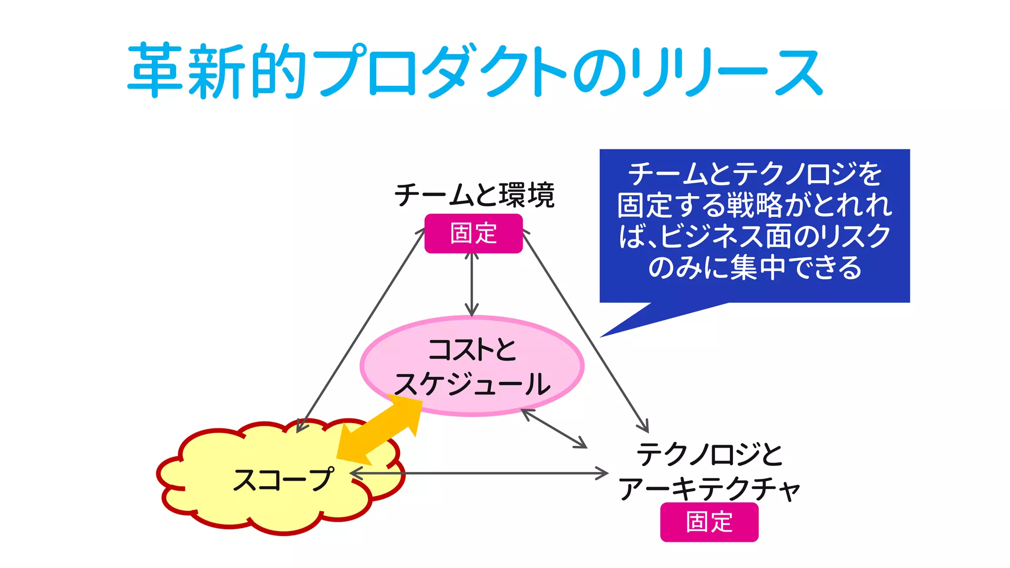 チームと環境
スコープ
テクノロジと
アーキテクチャ
コストと
スケジュール
革新的プロダクトのリリース
 