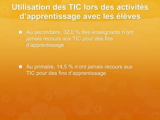 Utilisation des TIC lors des activités
d’apprentissage avec les élèves
 Au secondaire, 32,0 % des enseignants n’ont
jamais recours aux TIC pour des fins
d’apprentissage
 Au primaire, 14,5 % n’ont jamais recours aux
TIC pour des fins d’apprentissage
 