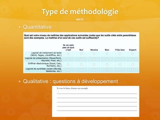 Type de méthodologie
MIXTE
 Quantitative
 Qualitative : questions à développement
8
 