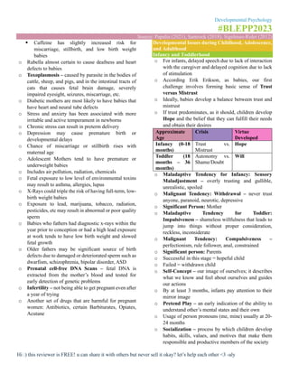 Developmental Psychology
#BLEPP2023
Source: Papalia (2021), Santrock (2018), Sigelman-Rider (2012)
Hi :) this reviewer is FREE! u can share it with others but never sell it okay? let’s help each other <3 -aly
▪ Caffeine has slightly increased risk for
miscarriage, stillbirth, and low birth weight
babies
o Rubella almost certain to cause deafness and heart
defects to babies
o Toxoplasmosis – caused by parasite in the bodies of
cattle, sheep, and pigs, and in the intestinal tracts of
cats that causes fetal brain damage, severely
impaired eyesight, seizures, miscarriage, etc.
o Diabetic mothers are most likely to have babies that
have heart and neural tube defects
o Stress and anxiety has been associated with more
irritable and active temperament in newborns
o Chronic stress can result in preterm delivery
o Depression may cause premature birth or
developmental delays
o Chance of miscarriage or stillbirth rises with
maternal age
o Adolescent Mothers tend to have premature or
underweight babies
o Includes air pollution, radiation, chemicals
o Fetal exposure to low level of environmental toxins
may result to asthma, allergies, lupus
o X-Rays could triple the risk of having full-term, low-
birth weight babies
o Exposure to lead, marijuana, tobacco, radiation,
pesticides, etc may result in abnormal or poor quality
sperm
o Babies who fathers had diagnostic x-rays within the
year prior to conception or had a high lead exposure
at work tends to have low birth weight and slowed
fetal growth
o Older fathers may be significant source of birth
defects due to damaged or deteriorated sperm such as
dwarfism, schizophrenia, bipolar disorder, ASD
o Prenatal cell-free DNA Scans – fetal DNA is
extracted from the mother’s blood and tested for
early detection of genetic problems
o Infertility – not being able to get pregnant even after
a year of trying
o Another set of drugs that are harmful for pregnant
women: Antibiotics, certain Barbiturates, Opiates,
Acutane
Developmental Issues during Childhood, Adolescence,
and Adulthood
Infancy and Toddlerhood
o For infants, delayed speech due to lack of interaction
with the caregiver and delayed cognition due to lack
of stimulation
o According Erik Erikson, as babies, our first
challenge involves forming basic sense of Trust
versus Mistrust
o Ideally, babies develop a balance between trust and
mistrust
o If trust predominates, as it should, children develop
Hope and the belief that they can fulfill their needs
and obtain their desires
Approximate
Age
Crisis Virtue
Developed
Infancy (0-18
months)
Trust vs.
Mistrust
Hope
Toddler (18
months – 36
months)
Autonomy vs.
Shame/Doubt
Will
o Maladaptive Tendency for Infancy: Sensory
Maladjustment – overly trusting and gullible,
unrealistic, spoiled
o Malignant Tendency: Withdrawal – never trust
anyone, paranoid, neurotic, depressive
o Significant Person: Mother
o Maladaptive Tendency for Toddler:
Impulsiveness – shameless willfulness that leads to
jump into things without proper consideration,
reckless, inconsiderate
o Malignant Tendency: Compulsiveness –
perfectionism, rule follower, anal, constrained
o Significant person: Parents
o Successful in this stage = hopeful child
o Failed = withdrawn child
o Self-Concept – our image of ourselves; it describes
what we know and feel about ourselves and guides
our actions
o By at least 3 months, infants pay attention to their
mirror image
o Pretend Play – an early indication of the ability to
understand other’s mental states and their own
o Usage of person pronouns (me, mine) usually at 20-
24 months
o Socialization – process by which children develop
habits, skills, values, and motives that make them
responsible and productive members of the society
 