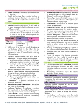 Developmental Psychology
#BLEPP2023
Source: Papalia (2021), Santrock (2018), Sigelman-Rider (2012)
Hi :) this reviewer is FREE! u can share it with others but never sell it okay? let’s help each other <3 -aly
o Hostile Aggression – intended to hurt another person
▪ Reactive
o Hostile Attributional Bias – quickly conclude, in
ambiguous situations that others were acting with ill
intent and are likely to strike out in retaliation or self-
defense
Adolescence
o Identity – coherent conception of the self, made up
of goals, values, and beliefs to which the person is
solidly committed
▪ Forms as young people resolve three major
issues: the choice of an occupation, the adoption
of values to live by, and the development of a
satisfying sexual identity
Approximate
Age
Crisis Virtue
Developed
Adolescence
(14-20 yrs)
Identity vs.
Identity/Role
Confusion
Fidelity
o Adolescence is a time-out period (Psychosocial
Moratorium), which is the ideal for the
development of identity, allowing young people the
opportunity to search for commitments to which they
could be faithful
o Fidelity – sustained loyalty, faith, or a sense of
belonging to a loved one, friends or companions
▪ Identification with a set of values, an ideology, a
religion, a political movement, or an ethnic group
▪ Inability to develop fidelity may have an unstable
sense of self, insecure, and fail to plan for
themselves and the future
o A man is not capable of real intimacy until he has
achieved a stable identity, whereas women define
themselves through marriage and motherhood
o Crisis – a period of conscious decision-making
▪ Process of grappling with what to believe and
who to be (Erikson)
o Commitment – a personal investment in an
occupation or ideology
o Maladaptive Tendency: Fanaticism – believes that
his “ways” are the only ways
o Malignant Tendency: Repudiation – repudiate
their membership in the world of adults and, even
more, they repudiate their need for an identity
o Sexual Identity – seeing oneself as a sexual being,
recognizing one’s sexual orientation, and forming
romantic or sexual attachments
o Sexual Orientation – whether the person is attracted
to person of other sex (Heterosexual), same sex
(Bisexual), or of both sexes (Bisexual)
o Brains of gay men and straight women are more
symmetrical, whereas lesbians and straight men, the
right hemisphere is slightly larger
o Transgender – biological sex at birth and gender
identity are not the same
o Transsexual – people who seek medical assistance
to permanently transition to their preferred gender
o Two major concerns about adolescent sexual activity
are the risks of contracting STIs and pregnancy
o Juvenile Delinquency – adolescent who breaks the
law or engages in behavior considered as illegal
o Antisocial behaviors tends to run in families
o Individuals who have low arousal levels may be
prone to antisocial behaviors as a form of sensation
seeking to achieve arousal levels a normal person
experiences
o An early onset type (beginning by age 11) tends to
lead to chronic juvenile delinquency in adolescence
o Milder late onset type, tends to arise temporarily in
adolescence
o Parents of children who become chronically
antisocial may have failed to reinforce good
behaviors in early childhood and may have been
harsh or inconsistent with their discipline
Young Adulthood
o Emerging adulthood offers Moratorium – time out
from developmental pressures and allow young
people the freedom to experiment various roles and
lifestyles
o Recentering – name for the process that underlies
the shift to an adult identity
Stage 1: Beginning
Individual is still embedded in the family of origin, but
expectations for self-reliance and self-directedness
begin to increase
Stage 2: During
Individual remains connected to but no longer
embedded within the family of origin
Stage 3: Usually by Age 30
Marked independence from the family of origin and
commitment to a career, a partner, and possibly
children
o Moratorium – self-conscious crisis that ideally
leads to a resolution and identity achievement status
 