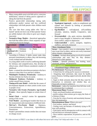 Developmental Psychology
#BLEPP2023
Source: Papalia (2021), Santrock (2018), Sigelman-Rider (2012)
Hi :) this reviewer is FREE! u can share it with others but never sell it okay? let’s help each other <3 -aly
o Many young adults seem to do little active, conscious
deliberation, instead of taking passive approach or
taking the lead from the parents
o Positive parent-child relationships during early
adolescence predict warmer and less conflicted
relationships with both parents when children reach
age 26
o The view that these young adults who “fail to
launch” and do not move out of their parents’ homes
are selfish slackers who refuse to grow up is largely
inaccurate
o Normative-Stage Models – theoretical approaches
that hold that adults follow a basic sequence of age-
related psychosocial changes
Approximate
Age
Crisis Virtue
Developed
Young
Adulthood (21-
39 yrs)
Intimacy vs.
Isolation
Love
o According to Erikson, if adults cannot make deep
personal commitments to others, they risk becoming
overly isolated and self-absorbed
o As young adults work to resolve conflicting demands
for intimacy and competitiveness, they develop an
ethical sense, which Erikson considered a marker of
adulthood
o Love – a mutual devotion between partners who have
chosen to share their lives and have children
o Maladaptive Tendency: Promiscuity – tendency to
become intimate too freely, too easily
o Malignant Tendency: Exclusion – tendency to
isolate oneself from everyone
o Timing-of-Events Model – holds that the course of
development depends on when certain events occur
in people’s lives
o Normative Life Events (Normative Age-Graded
Events) – those typically happen at certain times of
life
o Social Clock – society’s norms for appropriate
timing of life events
o Trait Models – psychological models that focus on
the measurement and examination of different traits
o McCrae’s Five-Factor Model – Openness,
Conscientiousness, Extraversion, Agreeableness,
Neuroticism
o People’s personalities remain similar does not mean
no change occurs
o Typological Approach – seeks to complement and
expand trait research by looking at personality
functioning whole
o Ego-Resilient – well-adjusted, self-confident,
articulate, attentive, helpful, Cooperative, task-
focused
o Overcontrolled – shy, quiet, anxious, dependable,
tend to keep thoughts to themselves and withdraw
from conflict, subject to depression
o Undercontrolled – active, energetic, impulsive,
stubborn, and easily distracted
Three Attachment Styles
Secure – have positive views in relationships, find it
easy to get close to others, and are not overly concerned
about romantic relationships
Avoidant – hesitant about getting involved in romantic
relationships and once they do, they distance
themselves to their partners
Anxious – demand closeness, less trusting, more
emotional, jealous, and possessive
Middle Adulthood
o 6 Emotional Stages of Retirement:
Pre-Retirement: Planning the retirement
- Critical time for setting up for success in retirement
- Imagining ideal retirement, take stock for health,
assess finances, building support network, decide when
to retire
- begin to think seriously about the life they want for
themselves in retirement and whether they are
financially on track to achieve it
Retirement – makes the transition from full-time work
to retirement they’ve planned
Honeymoon Phase: Freedom
- Enjoy newfound freedom and retirement
- positive phase when retirees get to enjoy the fruits of
a lifetime of labor
- Can also be a time of anxiety and uncertainty because
they feel purposeless
Disenchantment Phase: What to do next?
- Feel restless, aimless, and bored
- Feeling worn out because of aimlessly trying to fill
time with anything
- Find clarity and do introspection work to connect with
self and discover retirement purpose
- Have realistic expectations, be proactive, and set life
goals
 