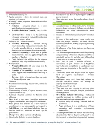 Developmental Psychology
#BLEPP2023
Source: Papalia (2021), Santrock (2018), Sigelman-Rider (2012)
Hi :) this reviewer is FREE! u can share it with others but never sell it okay? let’s help each other <3 -aly
o Better understanding of:
✓ Spatial concepts – allows to interpret maps and
navigate environment
✓ Causality – makes judgement about cause and effects
✓ Categorization
▪ Seriation – arranging objects in a series
according to one or more dimensions
▪ Transitive Inferences/Transivity – e.g. A < B <
C
▪ Class Inclusion – ability to see the relationship
between a whole and its parts, and to understand
categories within a whole
✓ Inductive and Deductive reasoning
▪ Inductive Reasoning – involves making
observations about particular members of a class
of people, animals, objects, or events, and then
drawing conclusions about the class as a whole
▪ Deductive Reasoning – starts with a general
statement about a class and applies it to particular
members of the class
▪ Piaget believed that children in the concrete
operations stage only used inductive reasoning
✓ Conservation
▪ Principle of Identity: still same object even tho
it has different appearance
▪ Principle of Reversibility: can picture what
would happen if he tried to roll back the clay of
snake
▪ Decenter: ability to look at more than one aspect
of the two objects at once
✓ Numbers
o Children use increasingly precise verbs, simile and
metaphor
o Rarely use passive voice
o Understanding of rules of syntax becomes more
sophisticated with age
o Sentence structure continue to become more
elaborate
o Boys tend to use more controlling statements,
negative interruptions, and competitive statements
o Girls phrase their remarks in a more tentative,
conciliatory way and are more polite and cooperative
o Self-Efficacy – an individuals belief that they can
execute behaviors necessary to attain specific
performance
o Doing well in school increases self-efficacy
o Girls tend to do better in school than boys
o Children who are disliked by their peers tend to do
poorly in school
o Many educators argue that smaller classes benefit
students
Adolescence
o A steady increase in white matter, nerve fibers that
connect distant portions of the brain, permits faster
information and better communication across
hemispheres
o Increase in white matter occurs early in women than
men
o By mid- to late adolescence, young people have
fewer but stronger, smoother, and more effective
neuronal connections, making cognitive processing
more efficient
o Development of the brain starts are the back and
moves forward
o The underdevelopment of frontal cortical systems by
comparison may help explain why adolescent tend to
seek thrills and novelty and why many of them find
it hard to focus on long-term goals
o Peers tend to exert a stronger influence in
adolescence in part because of a heightened
neurobehavioral susceptibility to social reward cues
and concurrent immaturity in the cognitive control
system
o Adolescents enter what Piaget called the highest
level of cognitive development – Formal
Operations
o Adolescents move away from their reliance on
concrete, real-world stimuli, and develop the
capacity for abstract thought
o Usually around 11 yrs old
o They can now use symbols to represent other
symbols, hidden messages, imagine possibilities,
create hypotheses
o Hypothetical-Deductive Reasoning – methodical,
scientific approach to problem solving, and it
characterizes formal operations thinking
▪ Involves ability to develop, consider, and test
hypotheses
▪ Piaget attributed it to a combination of brain
maturation and expanding environmental
opportunities
o According to David Elkind, the new way of thinking
of adolescents, the way they look at themselves and
their world, is as unfamiliar to them as their reshaped
 