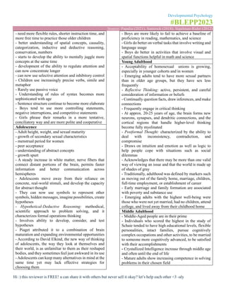 Developmental Psychology
#BLEPP2023
Source: Papalia (2021), Santrock (2018), Sigelman-Rider (2012)
Hi :) this reviewer is FREE! u can share it with others but never sell it okay? let’s help each other <3 -aly
- need more flexible rules, shorter instruction time, and
more free time to practice those older children
- better understanding of spatial concepts, causality,
categorization, inductive and deductive reasoning,
conservation, numbers
- starts to develop the ability to mentally juggle more
concepts at the same time
- development of the ability to regulate attention and
can now concentrate longer
- can now use selective attention and inhibitory control
- Children use increasingly precise verbs, simile and
metaphor
- Rarely use passive voice
- Understanding of rules of syntax becomes more
sophisticated with age
- Sentence structure continue to become more elaborate
- Boys tend to use more controlling statements,
negative interruptions, and competitive statements
- Girls phrase their remarks in a more tentative,
conciliatory way and are more polite and cooperative
Adolescence
- Adult height, weight, and sexual maturity
- growth of secondary sexual characteristics
- menstrual period for women
- peer acceptance
- understanding of abstract concepts
- growth spurt
- A steady increase in white matter, nerve fibers that
connect distant portions of the brain, permits faster
information and better communication across
hemispheres
- Adolescents move away from their reliance on
concrete, real-world stimuli, and develop the capacity
for abstract thought
- They can now use symbols to represent other
symbols, hidden messages, imagine possibilities, create
hypotheses
- Hypothetical-Deductive Reasoning: methodical,
scientific approach to problem solving, and it
characterizes formal operations thinking
- Involves ability to develop, consider, and test
hypotheses
- Piaget attributed it to a combination of brain
maturation and expanding environmental opportunities
- According to David Elkind, the new way of thinking
of adolescents, the way they look at themselves and
their world, is as unfamiliar to them as their reshaped
bodies, and they sometimes feel just awkward in its use
- Adolescents can keep many alternatives in mind at the
same time yet may lack effective strategies for
choosing them
- Boys are more likely to fail to achieve a baseline of
proficiency in reading, mathematics, and science
- Girls do better on verbal tasks that involve writing and
language usage
- Boys do better in activities that involve visual and
spatial functions helpful in math and science
Young Adulthood
- Acceptability of homosexual unions is growing,
especially in younger cohorts and in women
- Emerging adults tend to have more sexual partners
than in older age groups, but they have sex less
frequently
- Reflective Thinking: active, persistent, and careful
consideration of information or beliefs
- Continually question facts, draw inferences, and make
connections
- Frequently engage in critical thinking
- At approx. 20-25 years of age, the brain forms new
neurons, synapses, and dendritic connections, and the
cortical regions that handle higher-level thinking
become fully myelinated
- Postformal Thought: characterized by the ability to
deal with inconsistency, contradiction, and
compromise
- Draws on intuition and emotion as well as logic to
help people cope with situations such as social
dilemmas
- Acknowledges that there may be more than one valid
way of viewing an issue and that the world is made up
of shades of gray
- Traditionally, adulthood was defined by markers such
as moving out of the family home, marriage, children,
full-time employment, or establishment of career
- Early marriage and family formation are associated
with poverty and substance use
- Emerging adults with the highest well-being were
those who were not yet married, had no children, attend
college, and lived away from their childhood home
Middle Adulthood
- Middle-Aged people are in their prime
- Individuals who scored the highest in the study of
Schaie tended to have high educational levels, flexible
personalities, intact families, pursue cognitively
complex occupations and other activities, to be married
to someone more cognitively advanced, to be satisfied
with their accomplishments
- Crystallized Intelligence increase through middle age
and often until the end of life
- Mature adults show increasing competence in solving
problems in their chosen field
 