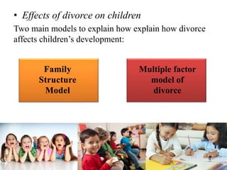 • Effects of divorce on children
Two main models to explain how explain how divorce
affects children’s development:
Multiple factor
model of
divorce
 