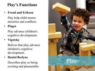 Play
Play’s Functions
• Freud and Erikson
Play help child master
anxieties and conflicts.
• Piaget
Play advance children's
cognitive development.
• Vigotsky
Belives that play advance
children's cognitive
development.
• Daniel Berlyne
Describes play as being
exciting and pleasurable.
 
