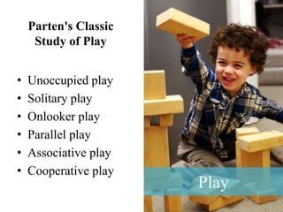 Play
• Unoccupied play
• Solitary play
• Onlooker play
• Parallel play
• Associative play
• Cooperative play
Parten's Classic
Study of Play
 