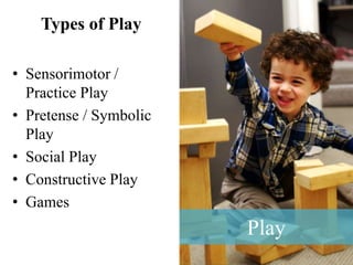 Play
Types of Play
• Sensorimotor /
Practice Play
• Pretense / Symbolic
Play
• Social Play
• Constructive Play
• Games
 