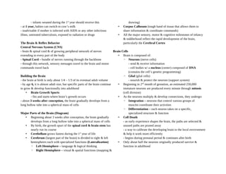 - infants weaned during the 1st
year should receive this
- at 1 year, babies can switch to cow’s milk
- inadvisable if mother is infected with AIDS or any other infectious
illnes, untreated tuberculosis, exposed to radiation or drugs
The Brain & Reflex Behavior
Central Nervous System (CNS)
- brain & spinal cord & of growing peripheral network of nerves
extending to every part of the body
- Spinal Cord – bundle of nerves running through the backbone
- through this network, sensory messages travel to the brain and motor
commands travel back
Building the Brain
- the brain at birth is only about 1/4 – 1/3 of its eventual adult volume
- by age 6, it is almost adult size, but specific parts of the brain continue
to grow & develop functionally into adulthood
• Brain Growth Spurts
- fits and starts where brain’s growth occurs
- about 3 weeks after conception, the brain gradually develops from a
long hollow tube into a spherical mass of cells
Major Parts of the Brain (Diagram)
• Beginning about 3 weeks after conception, the brain gradually
develops from a long hollow tube into a spherical mass of cells
• By birth, the growth spurt of the spinal cord & brain stem has
nearly run its course
• Cerebellum grows fastest during the 1st
year of life
• Cerebrum (largest part of the brain) is divided to right & left
hemispheres each with specialized functions (Lateralization)
◦ Left Hemisphere – language & logical thinking
◦ Right Hemisphere – visual & spatial functions (mapping &
drawing)
• Corpus Callosum (tough band of tissue that allows them to
share information & coordinate commands)
• All the major sensory, motor & cognitive milestones of infancy
& toddlerhood reflect the rapid development of the brain,
particularly the Cerebral Cortex
Brain Cells
• Brain is composed of:
◦ Neurons (nerve cells)
- send & receive information
- cell bodies w/ a nucleus (center) composed of DNA
(contains the cell’s genetic programming)
◦ Glial (glial cells)
- nourish & protect the neurons (support system)
• Beginning in 2nd
month of gestation, an estimated 250,000
immature neurons are produced every minute through mitosis
(cell division)
• As the neurons multiply & develop connections, they undergo:
◦ Integration – neurons that control various groups of
muscles coordinate their activities
◦ Differentiation – each neuron takes on a specific,
specialized structure & function
• Cell Death
- as early experience shapes the brain, the paths are selected &
unused paths are pruned away
- a way to calibrate the developing brain to the local environment
& help it work more efficiently
- begins during prenatal period & continues after birth
• Only about half the neurons originally produced survive &
function in adulthood
 