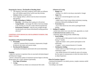 Preparing for Literacy: The Benefits of Reading Aloud
• The frequency with which caregivers read to them can influence
how well children speak & how well & soon they develop
Literacy (ability to read & write)
• Early language ability is affecter more by home environment
than genetics
3 Styles of Reading to Children:
◦ Describer – describing what is going on in the picture
◦ Comprehender – encourages the child to look more deeply
at the meaning of a story & to make inferences/predictions
◦ Performance-Oriented – reads the story straight through,
introducing the main themes beforehand & asking questions
afterward
CHAPTER 6: PSYCHOSOCIAL DEVELOPMENT DURING THE
FIRST 3 YEARS
Foundations of Psychosocial Development
• Personality
- relatively consistent blend of emotions, temperament, thought
& behavior that makes each person unique
• Psychosocial Development
- personality development intertwined with social relationships
Emotions
- subjective reactions to experience that are associated with physiological
and behavioral changes
- person’s characteristic pattern of emotional reactions begins to develop
during infancy & is a basic element of personality
First Signs of Emotions
• Crying
- most powerful way infants can communicate their needs
4 Patterns of Crying:
◦ Hunger Cry
- rhythmic cry, which is not always associated w/ hunger
◦ Angry Cry
- excess air is forced through the vocal cords
◦ Pain Cry
- sudden onset of loud crying without preliminary moaning,
sometimes followed by holding the breath
◦ Frustration Cry
- two or three drawn-out cries with no prolonged breath-
holding
• Smiling & Laughing
- earliest faint smiles occur soon after birth, apparently as a result
of subcortical nervous system activity
- frequently appear during periods of REM sleep
◦ Social Smiling
- newborns gaze at their parents & smile at them (develops
during 2nd
month)
- signals the infants’ active, positive participation in the
relationship
- Laughter = mroe common between 4-12 months
◦ Anticipatory Smiling
- infants smile at an object & then gaze at an adult while
continuing to smile
- rises sharply between 8-10 months & seems to be among
the first types of communication in which the infant refers to
an object/experience
When Do Emotions Appear?
- Emotional development is an orderly process; complex emotions unfold
from simpler ones.
- According to one model:
 