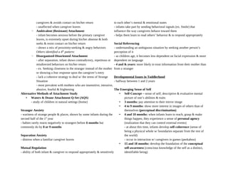 caregivers & avoids contact on his/her return
- unaffected when caregiver leaves
◦ Ambivalent (Resistant) Attachment
- infant becomes anxious before the primary caregiver
leaves, is extremely upset during his/her absense & both
seeks & resist contact on his/her return
- shows a mix of proximity-seeking & angry behaviors
Others identified a 4th
pattern:
◦ Disorganized-Disoriented Attachment
- after separation, infant shows contradictory, repetitous or
misdirected behaviors on his/her return
- ex. Seeking closeness to the stranger instead of the mother
or showing a fear response upon the caregiver’s entry
- lack a cohesive strategy to deal w/ the stress of Strange
Situation
- most prevalent with mothers who are insensitive, intrusive,
abusive, fearful & frightening
Alternative Methods of Attachment Study
• Waters & Deane Attachment Q-Set (AQS)
- study of children in natural settings (home)
Stranger Anxiety
- wariness of strange people & places, shown by some infants during the
second half of the 1st
year
- babies rarely reacts negatively to strangers before 6 months but
commonly do by 8 or 9 months
Separation Anxiety
- distress when a familiar caregiver leaves
Mutual Regulation
- ability of both infant & caregiver to respond appropriately & sensitively
to each other’s mental & emotional states
- infants take part by sending behavioral signals (ex. Smile) that
influence the way caregivers behave toward them
- helps them learn to read others’ behavior & to respond appropriately
Social Referencing
- understanding an ambiguous situation by seeking another person’s
perception of it
- as children age, it becomes less dependent on facial expression & more
dependent on language
- 4 and & years: more likely to trust information from their mother than
from a stranger
Developmental Issues in Toddlerhood
- halfway between 1 and 2 years
The Emerging Sense of Self
• Self-Concept – sense of self; descriptive & evaluative mental
picture of one’s abilities & traits
• 3 months: pay attention to their mirror image
• 4 to 9 months: show more interest in images of others than of
themselves (perceptual discrimination)
• 4 and 10 months: when infants learn to reach, grasp & make
things happen, they experience a sense of personal agency
(realization that they can control external events)
- at about this time, infants develop self-coherence (sense of
being a physical whole w/ boundaries separate from the rest of
the world)
- occur in interaction w/ caregivers in games (peekaboo)
• 15 and 18 months: develop the foundation of the conceptual
self-awareness (conscious knowledge of the self as a distinct,
identifiable being)
 