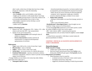other’s needs, wishes & pov & helps them learn how to fight,
disagree & compromise within the relationship
• Non-Siblings
- 6 to 12 months: smile, touch & babble at other babies
- 1 year: pay less attention to other people (doesn’t last long)
- 1 1/2 to 3 years: growing interest in what other children do &
an increasing understanding of how to deal w/ them
- 2 to 3 years: cooperative activity develops as social
understanding grows
- toddlers learn by Imitation
Children of Working Parents
• Relative care: 30% = grandparents; 25% = fathers; 11% = other
relatives and more than 30% = day care/preschools
• Quality of care can be measured by:
◦ Structural characteristics (staff training & ration of
children to caregivers
◦ Process characteristics (warmth, sensitivity &
responsiveness of caregivers & developmental
appropriateness of activities)
Maltreatment
Types: (same child can be a victim of more than 1 type)
• Physical abuse – injury to the body
• Neglect – failure to meet a child’s basic needs
• Sexual abuse – any sexual activity of a child & older person
• Emotional Maltreatment – rejection, terrorization, isolation,
exploitation, degradation, ridicule or failure to provide emotional
support, love & affection
- Younger children are more likely to be victims than older children
(particularly those under age 3)
• Nonorganic failure to thrive
- slowed/arresteed physical growth w/ no known medical cause,
accompanied by poor developmental & emotional functioning
- babies who do not receive nurturance & affection/neglected
- symptoms: lack of appropriate weight gain, irritability,
excessive sleepiness & fatigue, avoidance of eye contact
• Shaken baby syndrome
- shaking an infant/toddler can cause brain damage, paralysis or
death
- under 2 years old (mostly infants)
- Bronfenbrenner’s bioecological theory: abuse & neglect are not
caused by 1 thing; causes are in all those places.
- In more than 8 out of 10, perpetrators are the child’s parents, usually
the mother & 78.5% of these cases involve neglect
- 6% = other relatives; 4.4% = unmarried partners/parents
- 3 out 4 perpetrators who are family friends & neighbors commit sexual
abuse
- 2 cultural factors associated w/ child abuse: societal violence &
physical punishment of children
CHAPTER 7: PHYSICAL & COGNITIVE DEVELOPMENT IN
EARLY CHILDHOOD
Physical Development
Bodily Growth & Change
• Children grow rapidly between ages 3 and 6
• Both boys & girls typically grow about 2 to 3 inches a year
during early childhood & gain approx 4 to 6 pounds annually
Sleep Patterns & Problems
• Sleep disturbances may be caused by:
◦ accidental activation of the brain’s motor control system
◦ incomplete arousal from a deep sleep
◦ triggered by disordered breathing or restless leg movements
 