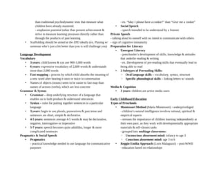 than traditional psychodynamic tests that measure what
children have already mastered.
- emphasize potential rather than present achievement &
strive to measure learning processes directly rather than
through the products of past learning
• Scaffolding should be aimed at the ZPD ideally (ex. Playing w/
someone who’s just a bit better than you is will challenge you)
Language Development
Vocabulary
• 3 years: child knows & can use 900-1,000 words
• 6 years: expressive vocabulary of 2,600 words & understands
more than 2,000 words
• Fast mapping – process by which child absorbs the meaning of
a new word after hearing it once or twice in conversation
• Names of objects (nouns) seem to be easier to fast map than
names of actions (verbs), which are less concrete
Grammar & Syntax
• Grammar – deep underlying structure of a language that
enables us to both produce & understand utterances
• Syntax – rules for putting together sentences in a particular
language
• 3 years: begin to use plurals, possessives & past tense and
sentences are short, simple & declarative
• 4-5 years: sentences average 4-5 words & may be declarative,
negative, interrogative or imperative
• 5-7 years: speech becomes quite adultlike, longer & more
complicated sentences
Pragmatics & Social Speech
• Pragmatics
- practical knowledge needed to use language for communicative
purposes
- ex. “May I please have a cookie?” than “Give me a cookie”
• Social Speech
- speech intended to be understood by a listener
Private Speech
- talking aloud to oneself with no intent to communicate with others
- sign of cognitive immaturity
Preparation for Literacy
• Emergent Literacy
- preschooler’s development of skills, knowledge & attitudes
that underlie reading & writing
- ex. Development of pre-reading skills that eventually lead to
being able to read
• 2 Subtypes of Prereading Skills:
◦ Oral language skills – vocabulary, syntax, structure
◦ Specific phonological skills – linking letters w/ sounds
Media & Cognition
• 3 years: children are active media users
Early Childhood Education
Types of Preschools
• Montessori Method (Maria Montessori) - underpriveleged
- children’s natural intelligence involves rational, spiritual &
empirical aspects
- stresses the importance of children learning independently at
their own pace, as they work with developmentally appropriate
materials & self-chosen tasks
- grouped into multiage classrooms:
◦ Unconscious absorment mind: infancy to age 3
◦ Conscious absorment mind: age 3 to 6
• Reggio Emilia Approach (Loris Malaguzzi) – post-WWII
- education based on relationships
 