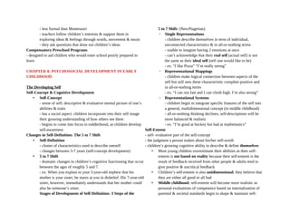 - less formal than Montessori
- teachers follow children’s interests & support them in
exploring ideas & feelings through words, movement & music
- they ask questions that draw out children’s ideas
Compensatory Preschool Programs
- designed to aid children who would enter school poorly prepared to
learn
CHAPTER 8: PSYCHOSOCIAL DEVELOPMENT IN EARLY
CHILDHOOD
The Developing Self
Self-Concept & Cognitive Development
• Self-Concept
- sense of self; descriptive & evaluative mental picture of one’s
abilities & traits
- has a social aspect: children incorporate into their self image
their growing understanding of how others see them
- begins to come into focus in toddlerhood, as children develop
self-awareness
Changes in Self-Definition: The 5 to 7 Shift
• Self-Definition
- cluster of characteristics used to describe oneself
- changes between 5-7 years (self-concept development)
• 5 to 7 Shift
- dramatic changes in children’s cognitive functioning that occur
between the ages of roughly 5 and 7.
- ex. When you explain to your 5-year-old nephew that his
mother is your sister, he stares at you in disbelief. His 7-year-old
sister, however, immediately understands that her mother could
also be someone’s sister.
Stages of Development of Self-Definition: 3 Steps of the
5 to 7 Shift: (Neo-Piagetian)
◦ Single Representations
- children describe themselves in term of individual,
unconnected characteristics & in all-or-nothing terms
- unable to imagine having 2 emotions at once
- can’t acknowledge that their real self (actual self) is not
the same as their ideal self (self one would like to be)
- ex. “I like Pizza” “I’m really strong”
◦ Representational Mappings
- children make logical connection between aspects of the
self but still sees these characteristic complete positive and
in all-or-nothing terms
- ex. “I can run fast and I can climb high. I’m also strong”
◦ Representational Systems
- children begin to integrate specific features of the self into
a general, multidimensional concept (in middle childhood)
- all-or-nothing thinking declines, self-descriptions will be
more balanced & realistic
- ex. “I’m good at hockey but bad at mathematics”
Self-Esteem
- self- evaluative part of the self-concept
- the judgment a person makes about his/her self-worth
- children’s growing cognitive ability to describe & define themselves
• Most young children overestimate their abilities as their self-
esteem is not based on reality because their self-esteem is the
result of feedback received from other people & adults tend to
give positive & uncritical feedback
• Children’s self-esteem is also unidimensional; they believe that
they are either all good or all bad
• Middle childhood: self-esteem will become more realistic as
personal evaluations of competence based on internalization of
parental & societal standards begin to shape & maintain self-
 