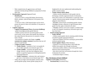 ◦ Male competitiveness & aggressiveness and female
nurturance develop during childhood as preparation for these
adult roles
• Pyschoanalytic Approach (Sigmund Freud)
◦ Identification
- process by which a young child adopts characteristics,
beliefs, attitudes, values & behaviors of the parent of the
same sex
- it will occur when a child represses/gives up the wish to
possess the parent of other sex & identifies w/ the parent of
the same sex
• Cognitive Approach
◦ Cognitive Developmental Theory (Lawrence Kohlberg)
- gender knowledge precedes gender behavior
- children actively search for cues about gender in their
social world. As they realize which gender they belong to,
they adopt behaviors they perceive as consistent w/ being
male or female
- the acquisition of gender roles hinges on gender
constancy/sex-category constancy (awareness that one will
always be male/female)
◦ 3 Stages of Gender Constancy:
▪ Gender Identity – awareness of one’s own gender &
that of others typically occurs between ages 2 & 3
▪ Gender Stability – awareness that gender does not
change. However, they base their judgments about
gender on superficial appearances (clothing/hairstyle) &
stereotyped behaviors
▪ Gender Consistency – realization that a girl remains a
girl even w/ short haircut occurs between ages 3 & 7
◦ Today, they no longer claim that gender constancy must
precede gender-typing. Instead, gender-typing may be
heightened by the more sophisticated understanding that
gender constancy brings
◦ Gender-Schema Theory (Bem)
- children socialize themselves in their gender roles by
developing a mentally organized network of information
about what it means to be male/female in a particular culture
- gender schemas promote gender streotypes by influencing
judgments about behavior
- 4-6 years: constructing & consolidating gender schemas
-5-6 years: develop a repertoire of rigid sterotypes about
gender that they apply to themselves & others
- 7-8 years: schemas can be more complex as children begin
to take in & integrate contradictory information (girls may
have short hair)
• Social Learning Approach
◦ Walter Mischel
- children acquire gender roles by imitating models & being
rewarded for gender-appropriate behavior
- behavioral feedback with direct teaching by parents/adults
reinforces gender-typing
◦ Social Cognitive Theory (Albert Bandura)
- expansion of social learning theory which holds that
children learn gender roles through socialization
- observation enables children to learn about gender-typed
behaviors before performing them
- they select/create their environments through their choice
of playmates & activities
- socialization begins in infancy
Play: The Business of Early Childhood
Cognitive Levels of Play (Smilansky)
• Functional Play (Locomotor Play)
 