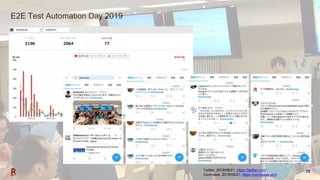 26
E2E Test Automation Day 2019
Twitter, 2019/08/21, https://twitter.com/
Connpass, 2019/08/21, https://connpass.com
 