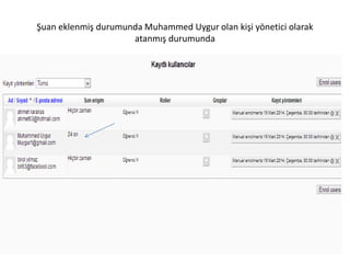 Şuan eklenmiş durumunda Muhammed Uygur olan kişi yönetici olarak
atanmış durumunda
 