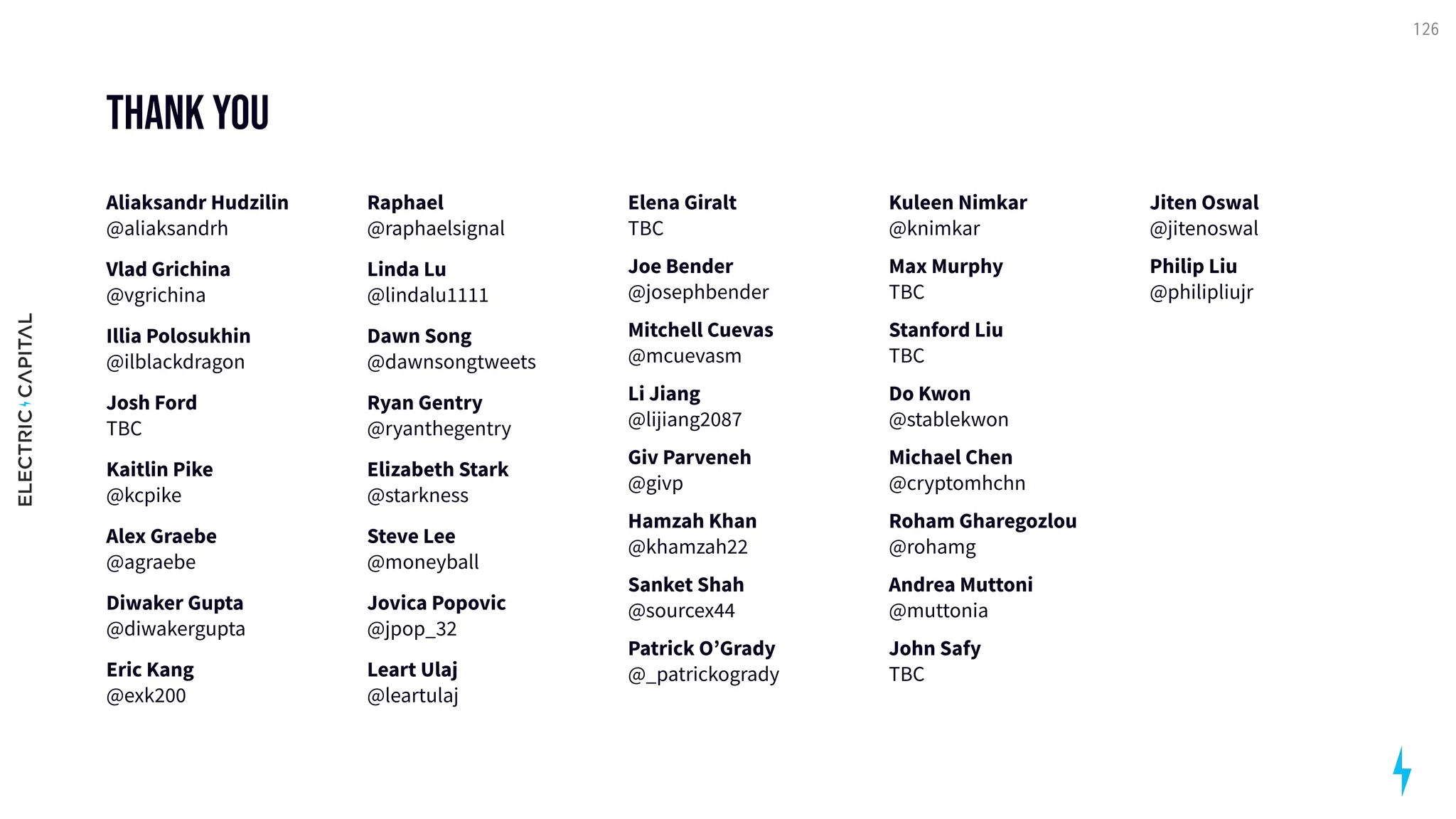 Thank you
Aliaksandr Hudzilin 
@aliaksandrh

Vlad Grichina 
@vgrichina

Illia Polosukhin 
@ilblackdragon

Josh Ford  
TBC

Kaitlin Pike 
@kcpike

Alex Graebe 
@agraebe

Diwaker Gupta 
@diwakergupta

Eric Kang 
@exk200
Raphael 
@raphaelsignal

Linda Lu 
@lindalu1111

Dawn Song 
@dawnsongtweets

Ryan Gentry 
@ryanthegentry

Elizabeth Stark 
@starkness

Steve Lee 
@moneyball

Jovica Popovic 
@jpop_32

Leart Ulaj 
@leartulaj
Elena Giralt 
TBC

Joe Bender 
@josephbender

Mitchell Cuevas 
@mcuevasm

Li Jiang 
@lijiang2087

Giv Parveneh 
@givp

Hamzah Khan 
@khamzah22

Sanket Shah 
@sourcex44

Patrick O’Grady 
@_patrickogrady

Kuleen Nimkar 
@knimkar

Max Murphy 
TBC

Stanford Liu 
TBC

Do Kwon 
@stablekwon

Michael Chen 
@cryptomhchn

Roham Gharegozlou 
@rohamg

Andrea Muttoni 
@muttonia

John Safy 
TBC
Jiten Oswal 
@jitenoswal

Philip Liu 
@philipliujr
126
 