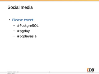 FOSDEM PGDAY 2017
WAL for DBAs
3
●
Please tweet!
– #PostgreSQL
– #pgday
– #pgdayasia
Social media
 