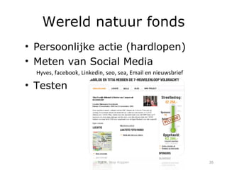 Wereld natuur fonds Persoonlijke actie (hardlopen) Meten van Social Media  Hyves, facebook, Linkedin, seo, sea, Email en nieuwsbrief Testen TIEN , Joop Koppen 
