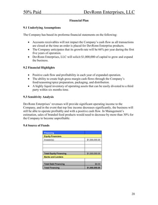 50% Paid                                           DevRonn Enterprises, LLC
                                         Financial Plan

9.1 Underlying Assumptions

The Company has based its proforma financial statements on the following:

   •   Accounts receivables will not impact the Company’s cash flow as all transactions
       are closed at the time an order is placed for DevRonn Enterprise products.
   •   The Company anticipates that its growth rate will be 66% per year during the first
       five years of operation.
   •   DevRonn Enterprises, LLC will solicit $1,000,000 of capital to grow and expand
       the business.

9.2 Financial Highlights

   •   Positive cash flow and profitability in each year of expanded operation.
   •   The ability to create high gross margin cash flows through the Company’s
       food/seasoning/spice preparation, packaging, and distribution.
   •   A highly liquid inventory of operating assets that can be easily divested to a third
       party within six months time.

9.3 Sensitivity Analysis

DevRonn Enterprises’ revenues will provide significant operating income to the
Company, and in the event that top line income decreases significantly, the business will
still be able to operate profitably and with a positive cash flow. In Management’s
estimation, sales of branded food products would need to decrease by more than 30% for
the Company to become unprofitable.

9.4 Source of Funds

                Financing
                Equity Financiers
                Investor(s)                          $1,000,000.00




                Total Equity Financing               $1,000,000.00
                Banks and Lenders


                Total Debt Financing                        $0.00
                Total Financing                      $1,000,000.00




                                                                                         20
 