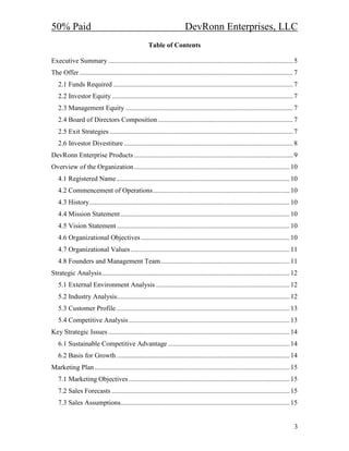 50% Paid                                                                  DevRonn Enterprises, LLC
                                                      Table of Contents

Executive Summary ............................................................................................................ 5
The Offer ............................................................................................................................. 7
   2.1 Funds Required ......................................................................................................... 7
   2.2 Investor Equity .......................................................................................................... 7
   2.3 Management Equity .................................................................................................. 7
   2.4 Board of Directors Composition ............................................................................... 7
   2.5 Exit Strategies ........................................................................................................... 7
   2.6 Investor Divestiture ................................................................................................... 8
DevRonn Enterprise Products ............................................................................................. 9
Overview of the Organization ........................................................................................... 10
   4.1 Registered Name ..................................................................................................... 10
   4.2 Commencement of Operations................................................................................ 10
   4.3 History..................................................................................................................... 10
   4.4 Mission Statement ................................................................................................... 10
   4.5 Vision Statement ..................................................................................................... 10
   4.6 Organizational Objectives ....................................................................................... 10
   4.7 Organizational Values ............................................................................................. 11
   4.8 Founders and Management Team ........................................................................... 11
Strategic Analysis.............................................................................................................. 12
   5.1 External Environment Analysis .............................................................................. 12
   5.2 Industry Analysis..................................................................................................... 12
   5.3 Customer Profile ..................................................................................................... 13
   5.4 Competitive Analysis .............................................................................................. 13
Key Strategic Issues .......................................................................................................... 14
   6.1 Sustainable Competitive Advantage ....................................................................... 14
   6.2 Basis for Growth ..................................................................................................... 14
Marketing Plan .................................................................................................................. 15
   7.1 Marketing Objectives .............................................................................................. 15
   7.2 Sales Forecasts ........................................................................................................ 15
   7.3 Sales Assumptions................................................................................................... 15


                                                                                                                                       3
 