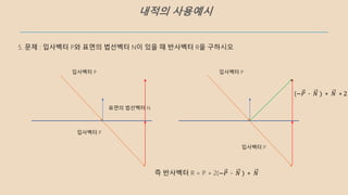 내적의 사용예시
입사벡터 P
표면의 법선벡터 N
입사벡터 P
입사벡터 P
입사벡터 P
(−𝑃 ∙ 𝑁 ) ∗ 𝑁 ∗ 2
즉 반사벡터 R = P + 2(−𝑃 ∙ 𝑁 ) ∗ 𝑁
5. 문제 : 입사벡터 P와 표면의 법선벡터 N이 있을 때 반사벡터 R을 구하시오
 