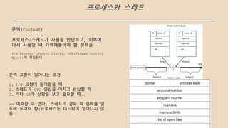 문맥(Context)
프로세스와 스레드
프로세스/스레드가 자원을 반납하고, 이후에
다시 사용할 때 기억해놓아야 할 정보들
PCB(Process Control Block), TCB(Thread Control
Block)에 저장된다.
문맥 교환이 일어나는 조건
1. I/O 요청이 들어왔을 때
2. 스레드가 CPU 연산을 마치고 반납할 때
3. 기타 OS가 상황을 보고 필요할 때..
== 예측할 수 없다. 스레드의 경우 락 문제를 염
두에 두어야 함(프로세스는 데드락이 일어나지 않
음)
 