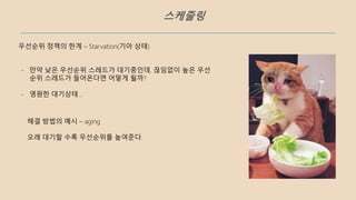 스케줄링
우선순위 정책의 한계 – Starvation(기아 상태)
- 만약 낮은 우선순위 스레드가 대기중인데, 끊임없이 높은 우선
순위 스레드가 들어온다면 어떻게 될까?
- 영원한 대기상태…
해결 방법의 예시 – aging
오래 대기할 수록 우선순위를 높여준다.
 