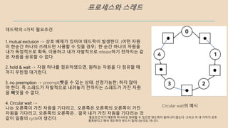 프로세스와 스레드
1. mutual exclusion -> 상호 배제가 있어야 데드락이 발생한다. (어떤 자원
이 한순간 하나의 쓰레드만 사용할 수 있을 경우) 한 순간 하나의 자원을
내가 독점적으로 획득, 이용하고 내가 자발적으로 release하기 전까지는 같
은 자원을 공유할 수 없다.
2. hold & wait -> 자원 하나를 점유하였으면, 원하는 자원을 다 점유할 때
까지 무한정 대기한다.
3. no preemption -> preempt(뺏을 수 있는 상태, 선점가능한) 하지 않아
야 한다. 즉 스레드가 자발적으로 내려놓기 전까지는 스레드가 가진 자원
을 빼앗을 수 없다.
4. Circular wait ->
나는 오른쪽이 가진 자원을 기다리고,. 오른쪽은 오른쪽의 오른쪽이 가진
자원을 기다리고, 오른쪽의 오른쪽은... 결국 내가 가진 자원을 기다리는 것
같이 일종의 cycle이 생긴다.
데드락의 4가지 필요조건
Circular wait의 예시
‘필요조건’이기 때문에 하나라도 회피할 수 있으면 데드락이 일어나지 않는다. 그리고 이 네 가지가 모두
충족된다고 해서 데드락이 반드시 일어나는것도 아니다.
 