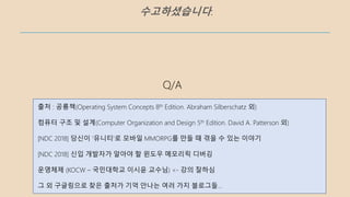 수고하셨습니다.
출처 : 공룡책(Operating System Concepts 8th Edition. Abraham Silberschatz 외)
컴퓨터 구조 및 설계(Computer Organization and Design 5th Edition. David A. Patterson 외)
[NDC 2018] 당신이 '유니티'로 모바일 MMORPG를 만들 때 겪을 수 있는 이야기
[NDC 2018] 신입 개발자가 알아야 할 윈도우 메모리릭 디버깅
운영체제 (KOCW – 국민대학교 이시윤 교수님) <- 강의 잘하심
그 외 구글링으로 찾은 출처가 기억 안나는 여러 가지 블로그들…
Q/A
 