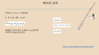 벡터의 내적
내적(Dot Product, 스칼라곱)
𝐴 ∙ 𝐵 = | 𝐴| ∗ 𝐵 ∗ cos 𝜃
방향을 가지지 않는 스칼라(Scalar)값이며,
여러가지 용도로 쓰인다.
https://www.falstad.com/dotproduct/
 