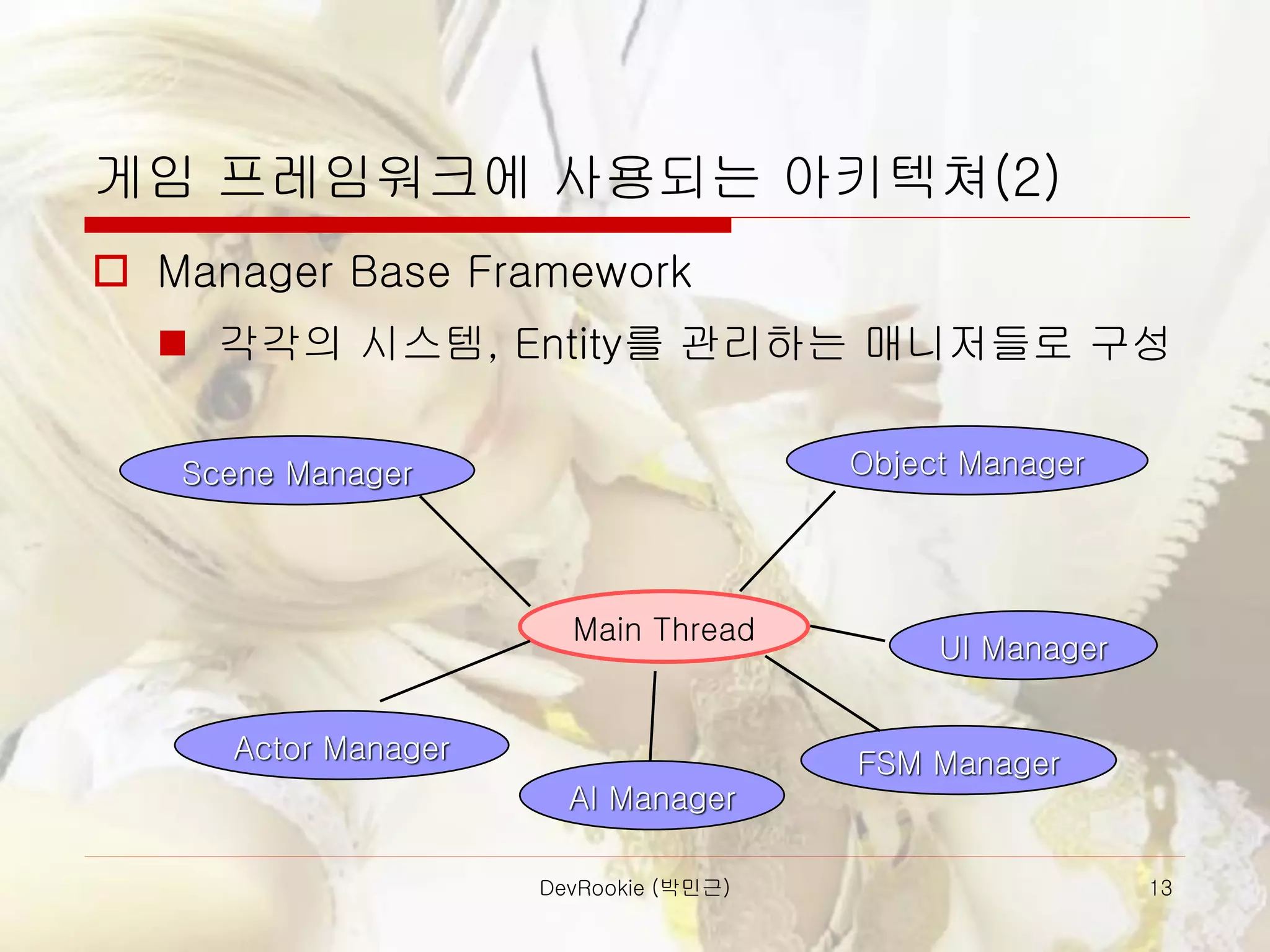 DevRookie (박민근) 13
게임 프레임워크에 사용되는 아키텍쳐(2)
 Manager Base Framework
◼ 각각의 시스템, Entity를 관리하는 매니저들로 구성
Main Thread
Scene Manager Object Manager
Actor Manager
AI Manager
FSM Manager
UI Manager
 