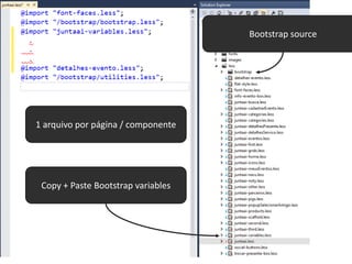 Bootstrap source
Copy + Paste Bootstrap variables
1 arquivo por página / componente
 