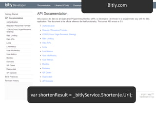 var shortenResult = _bitlyService.Shorten(e.Url);
Bitly.com
 