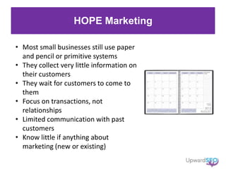 HOPE Marketing
• Most small businesses still use paper
and pencil or primitive systems
• They collect very little information on
their customers
• They wait for customers to come to
them
• Focus on transactions, not
relationships
• Limited communication with past
customers
• Know little if anything about
marketing (new or existing)
 