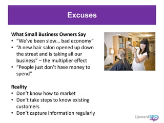 Excuses
What Small Business Owners Say
• “We’ve been slow… bad economy”
• “A new hair salon opened up down
the street and is taking all our
business” – the multiplier effect
• “People just don’t have money to
spend”
Reality
• Don’t know how to market
• Don’t take steps to know existing
customers
• Don’t capture information regularly
 