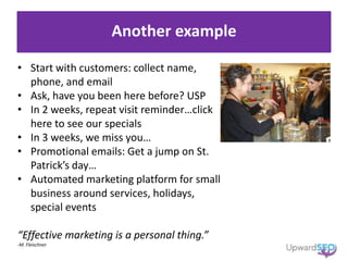 Another example
• Start with customers: collect name,
phone, and email
• Ask, have you been here before? USP
• In 2 weeks, repeat visit reminder…click
here to see our specials
• In 3 weeks, we miss you…
• Promotional emails: Get a jump on St.
Patrick’s day…
• Automated marketing platform for small
business around services, holidays,
special events
“Effective marketing is a personal thing.”
-M. Fleischner
 